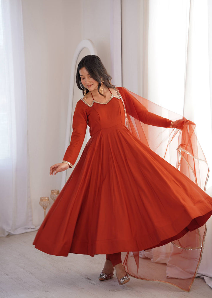 PURE ROMANSILK CHANDERI FABRIC FULLY FLARE ANARKALI, WITH DUPATTA SET, PENT READY TO WEAR