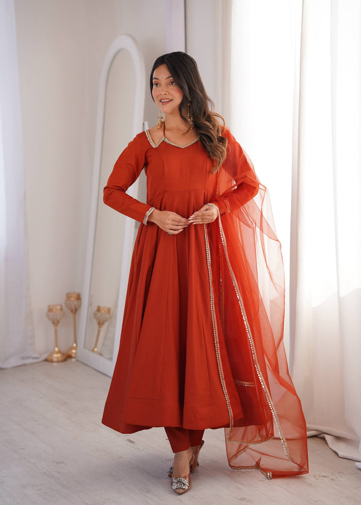 PURE ROMANSILK CHANDERI FABRIC FULLY FLARE ANARKALI, WITH DUPATTA SET, PENT READY TO WEAR