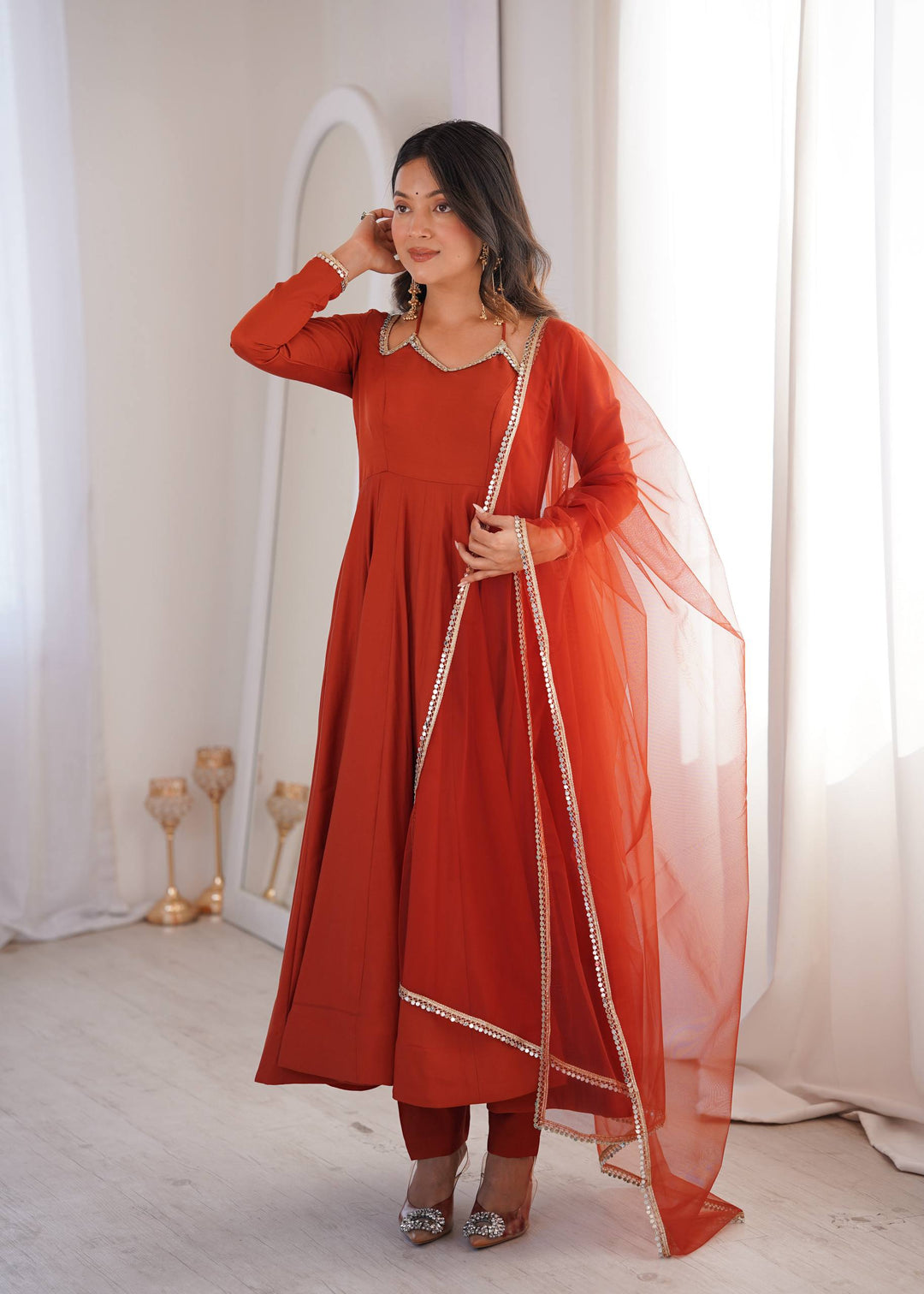PURE ROMANSILK CHANDERI FABRIC FULLY FLARE ANARKALI, WITH DUPATTA SET, PENT READY TO WEAR
