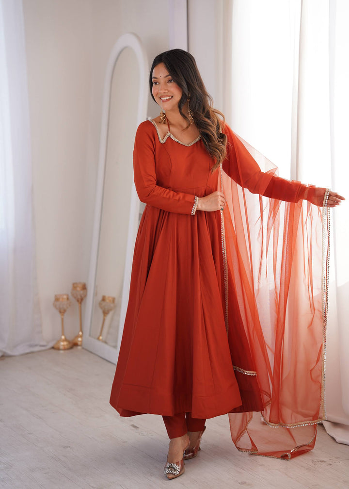 PURE ROMANSILK CHANDERI FABRIC FULLY FLARE ANARKALI, WITH DUPATTA SET, PENT READY TO WEAR