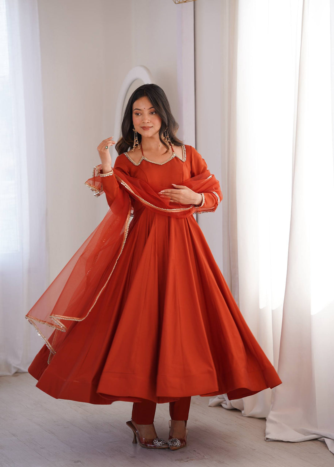 PURE ROMANSILK CHANDERI FABRIC FULLY FLARE ANARKALI, WITH DUPATTA SET, PENT READY TO WEAR