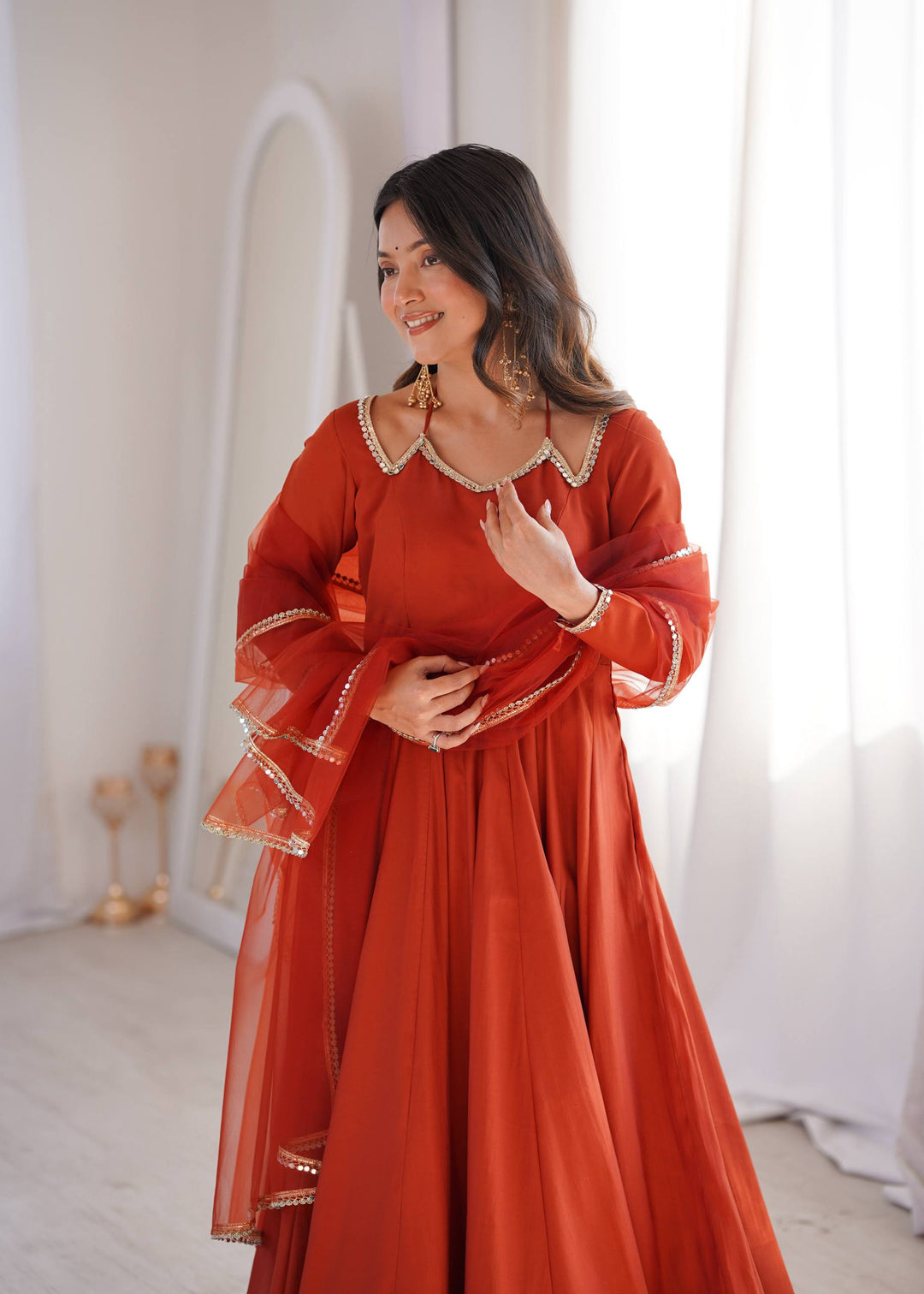 PURE ROMANSILK CHANDERI FABRIC FULLY FLARE ANARKALI, WITH DUPATTA SET, PENT READY TO WEAR