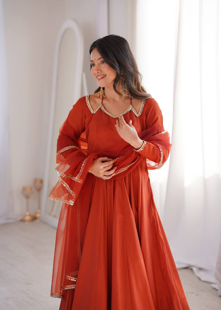 PURE ROMANSILK CHANDERI FABRIC FULLY FLARE ANARKALI, WITH DUPATTA SET, PENT READY TO WEAR