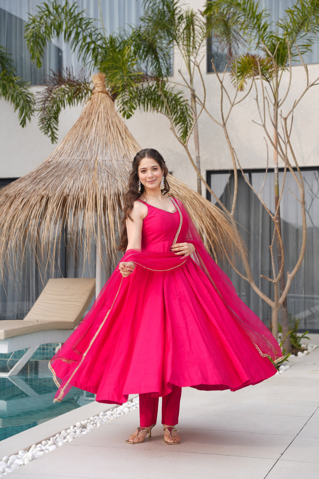 PURE ROMANSILK CHANDERI FABRIC FULLY FLAIR ANARKALI,WITH DUPPTA SET,PENT READY TO WEAR