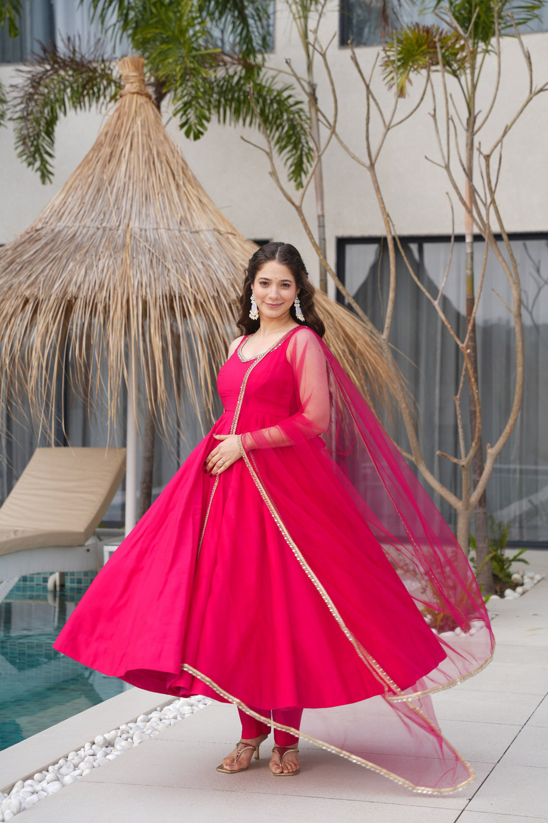 PURE ROMANSILK CHANDERI FABRIC FULLY FLAIR ANARKALI,WITH DUPPTA SET,PENT READY TO WEAR
