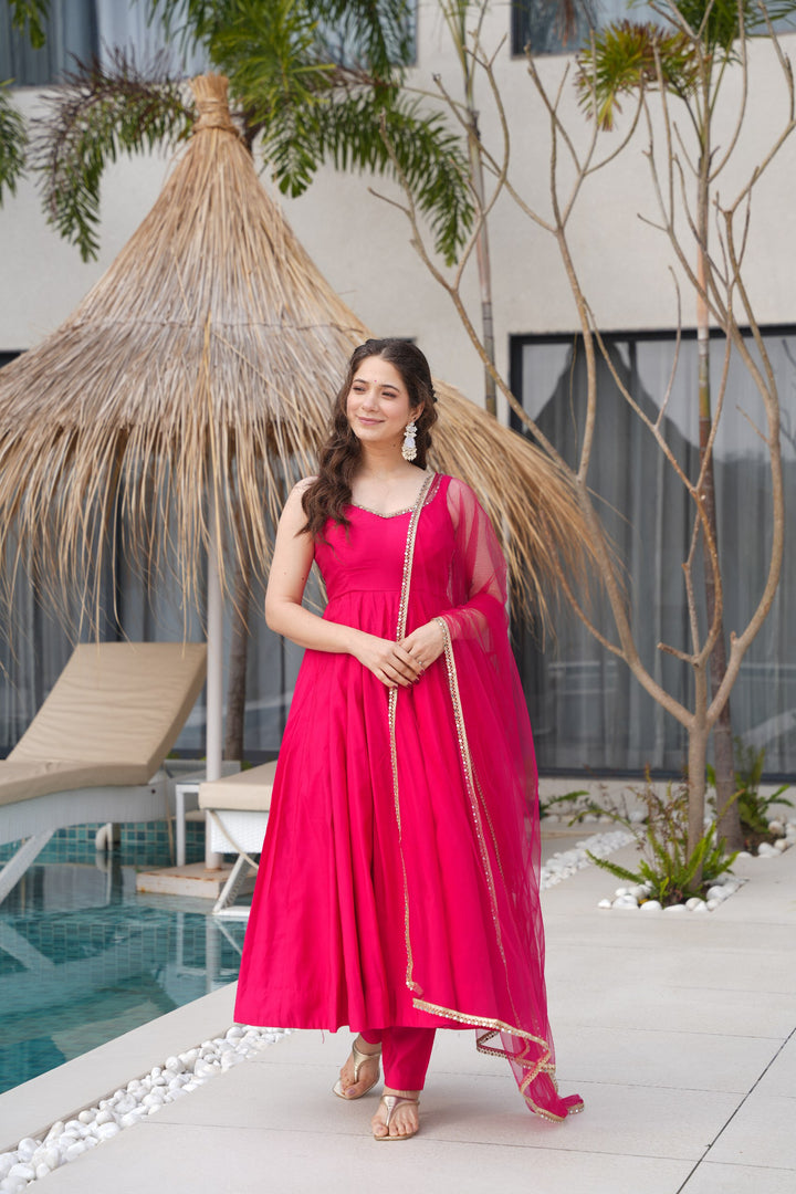 PURE ROMANSILK CHANDERI FABRIC FULLY FLAIR ANARKALI,WITH DUPPTA SET,PENT READY TO WEAR