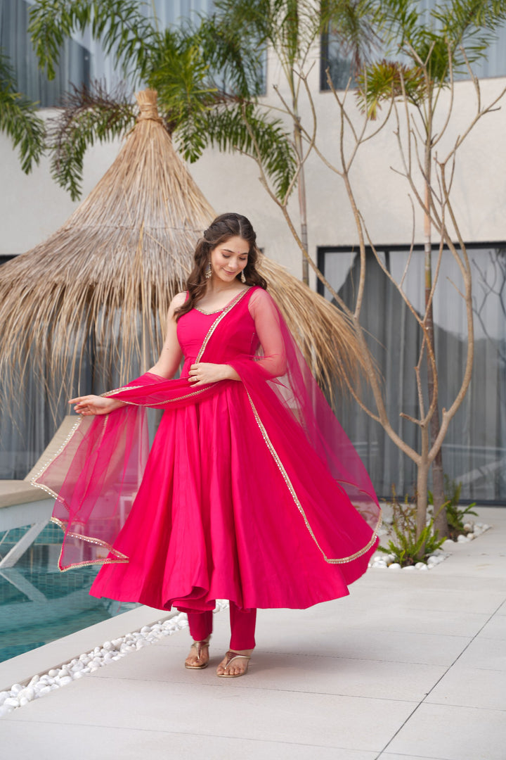 PURE ROMANSILK CHANDERI FABRIC FULLY FLAIR ANARKALI,WITH DUPPTA SET,PENT READY TO WEAR